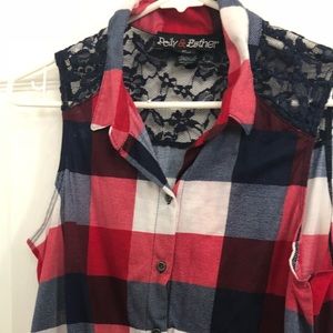 plaid shirt with a little  floral see-through